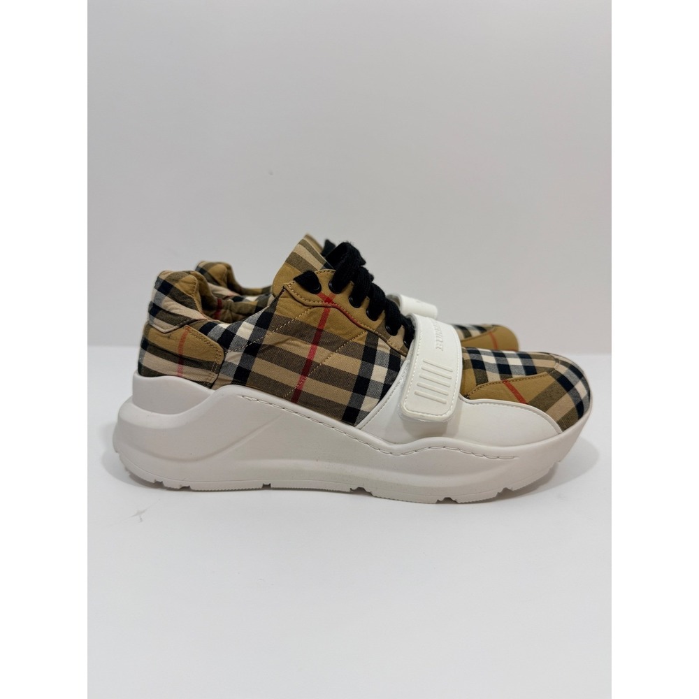 Burberry Ramsey Sneakers Womens 38 Beige Vintage Check Leather Platform - Picture 3 of 14